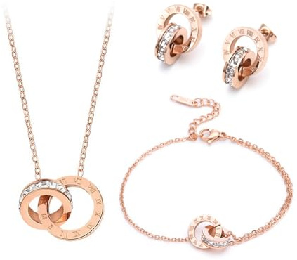 XIWCAFC SchmuckSet Silber Damen Doppelring Halskette Ohrringe Armband Schmuck sets Rosegold Zirkonia Kette Brautschmuck für Frau Freundin Mutter Tochter Geschenk (Roségold)