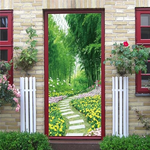 XAONUO Türtapete Selbstklebend Vinyl Türposter 3D Grün Pflanzen Bambus Blumen 88X200Cm Diy Türaufkleber Türfolie Türposter Selbstklebende Tür Abnehmbare Heimtapete Dekorative Kunst