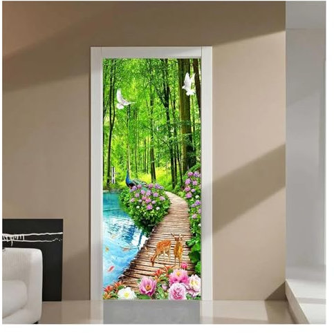 Türaufkleber Türtapete Türbilder Türposter Wald Rehkitz Pfau Weiße Taube Weg DIY Türaufkleber Home Wohnzimmer Dekoration Wandaufkleber(95cmx215cm)