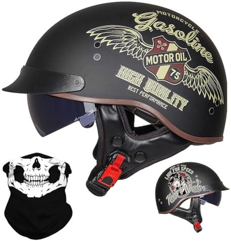 BYGMWEP Retro Motorradhalbhelm, Halbschalenhelm mit ECE, Jethelm Retro, Chopper Helm, Retro Motorrad Helm, Scooter-Helm, Offenem Helm, mit Sonnenblende, für Männer und Frauen M~XXL