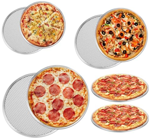 RHBLME Confezione da 6 teglie per pizza in lega di alluminio, senza cuciture, con fori per uso alimentare, teglia antiaderente per forno, lavabile in lavastoviglie e adatta al microonde, 20,3 cm, 25,4
