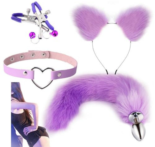 WreGmgg Plüsch Ohr Katze Schal, lila 4 Zubehör Kleidung Fuchsschwanz...