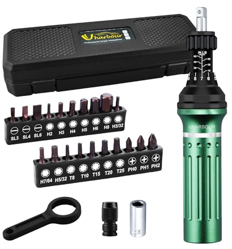 Uharbour Torque Screwdriver 10-60 Inch Torque Screwdriver Set with 1/4 Elastic Bit Holder, 1/4 Bit Adapter, Flat, Hex, Torx and Phillips Bits Suitable for | Includes Flat, Hex, Torx & Philips Bits for Gunsmithing, DIY & Bicycle