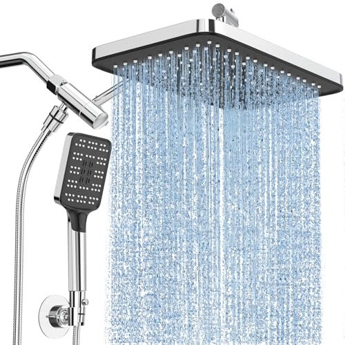 High Pressure Rain Shower Head with Handheld Spray Combo Set, Adjustable 12 Rainfall Dual Shower Head, Double&Tandem Shower Head, Waterfall Showerhead Bathroom -Silver Chrome
