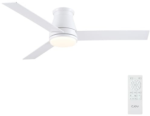 CJOY Flush Mount Ceiling Fans with Lights, 52'' White/Woodgrain Ceiling Fan with Lamp and Remote, Quiet Reversible DC, 6 Speeds, Memory 3CCT, Dimmable, Sleep Mode, Modern Ceiling Fan for Bedroom