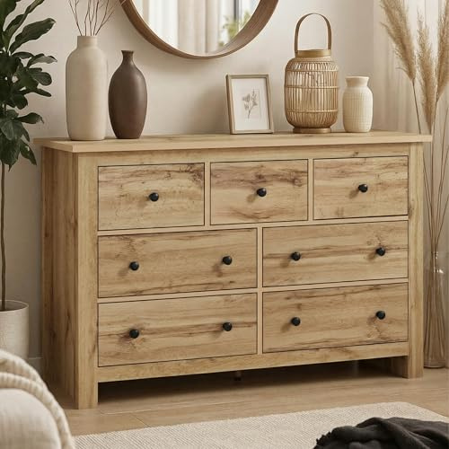 LARFOEK Kommode mit 7 Schubladen, Kommode Holzfarbe Kommodenschrank Kommode Wohnzimmer Sideboard Anrichte Esszimmerschrank Modern (Holzfarbe)