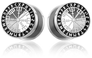PiercingJak Ohr Flesh Tunnel Double Flared Plug Edelstahl Wikinger Vegvisir Kompass Runen Ohrpiercing für Gestreckte Expander Damen Männer Ohrplugs 8mm Silber Punk Schmuck, 1Paar