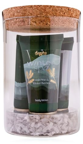 Coffret de bain Accentra WINTER SPA dans un verre décoratif avec couvercle en liège, comprenant gel douche, lotion pour le corps, crème pour les mains et crème pour les ongles, cadeau femme Noël
