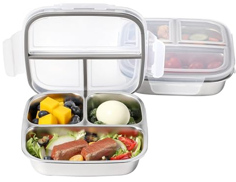 Misichao Snackboxen aus Edelstahl mit 3 Fächern, 600 ml, wiederverwendbare Snackbehälter, kleine Bento-Lunchbox für Kinder und Erwachsene, geteilte Mahlzeiten-Vorbereitungsbehälter für Schule, Arbeit