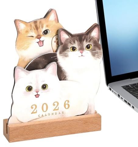 Calendario De Escritorio 2026 – Planificador Mensual Con Base De Madera | Calendario De Mesa Con Diseño 3D De Perrito Y Gatito | Regalo Para Amantes De Los Animales, Oficina & Aula