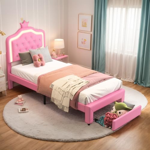 OLIVIBED Kinderbett Polsterbett 90x200 cm, Mädchen Bett mit Verstellbarem Kronenkopfteil und 1 Schubladen, Stauraumbett mit Lattenrost, Jugendbett für Schlafzimmer, PU, Ohne Matratze, Rosa