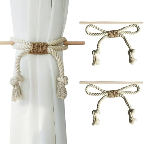 KASESSS 2 Pezzi Ferma Tende, Stile Bohémien Fermatenda, Fermatende per Tenda, Fermatende e Raccogli Tenda Intrecciare Una Corda di Canapa in Cotone per Casa, Ufficio, Decorazione Alberghiera, Beige