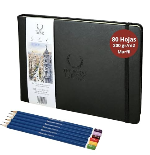 Libreta dibujo profesional incluye 6 lápices. Cuaderno para Dibujo y bocetos de tapa dura. Bloc de dibujo de 80 hojas libre de ácido y hojas gruesas color marfil 200 g/m² (Negro)