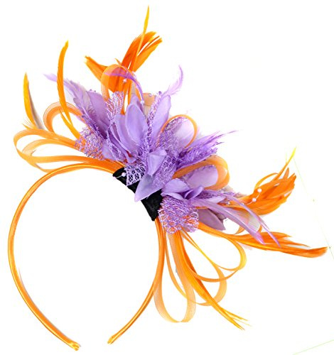 Caprilite Orange and Lilac Purple Net Hoop Feather Hair Fascinator Headband Wedding Royal Ascot Races