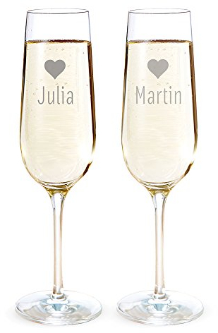 AMAVEL Set 2 Calici da Spumante con Incisione per Coppie Personalizzata con Nomi, Motivo Cuori, Flûte in Vetro Chiaro, Regalo Romantico di Nozze per Lui e Lei, ca. 0,2 l
