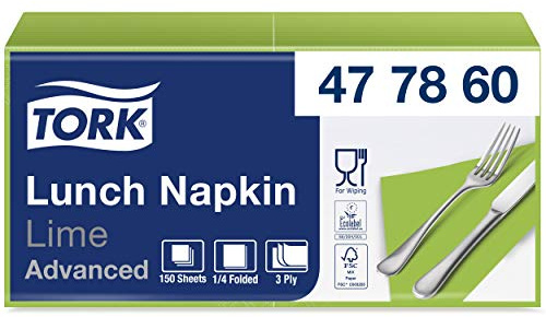 Tork 477860 Soft Lunchservietten Limone / 3lagige, saugfähige Papierservietten in Hellgrün / Vielfältig verwendbar / Advanced Qualität / 10 x 150 (1500) Servietten / 32,6 x 33 cm (B x L) / 1/4-Falz