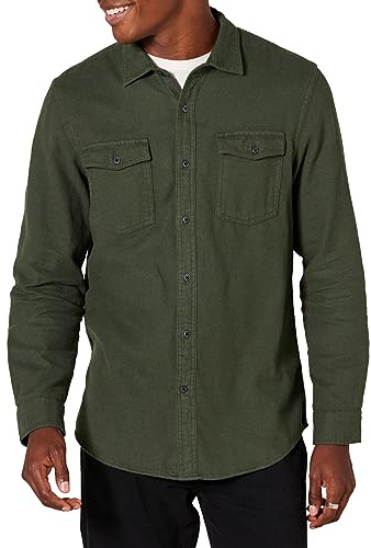 Amazon Essentials Chemises en Flanelle à Manches Longues, avec 2 Poches, Coupe Ajustée Homme, Vert Olive Chiné, S