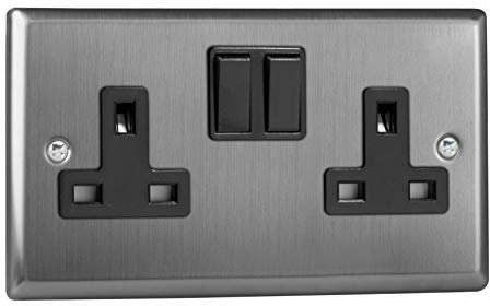 Varilight Double Switched Socket - Classic Brushed Steel with Black Insert