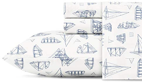 Nautica - Full Size Sheet Sets, Cotton Percale Bedding, Crisp & Cool, Coastal Bedding Set (Whitewood Sail Blue, Full)