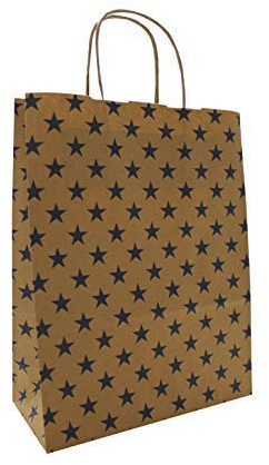 PGV Papiertaschen Papiertüten braun mit Kordel - Sterne BLAU - Verschiedene Größen und Mengen (250 Stück, 22 + 10 x 28 cm)