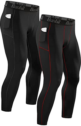 Runhit Mens Compression Pants Running Tight for Men Leggings with Pocket Workout Athletic Thermal Pants for Men Running Shorts Black Red 2 Pack 3XL