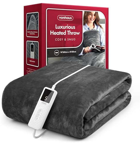 VonHaus Heated Throw Blanket – Electric Over Throw Fleece Blanket with Digital Control – Large Size 160 x 130cm, 9 Heat Settings, 9 Hour Timer, Safety Shut Off, Machine Washable, Soft Material – Grey