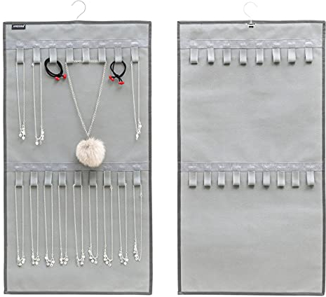 ANZORG Doppelseitiger Schmuckhalter zum Aufhängen mit 34 Hakenschlaufen, zur Wandmontage, Halskettenhalter, Schmuckauslage, Aufhänger für Armband, Kette (grau)