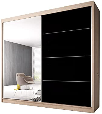 Fabryka Mebli Idźczak Kleiderschrank mit Spiegel, Wohnzimmerschrank - Schwarz, Sonoma Schwebetürenschrank, Schlafzimmerschrank - ‎61 x 233 x 218 cm - Schrank für Schlafzimmer, Wohnzimmer, Garderobe