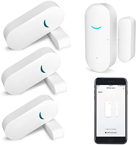 Sensore WiFi per porte e finestre: sensore finestra intelligente con notifica gratuita, sistema di sicurezza domestica intelligente, assistente Google Alexa compatibile (4-Pack)