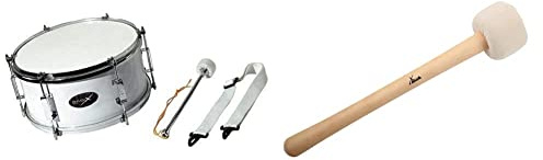 Gewa Basix Marching Drum, weiß, (12 Zoll) x (7 Zoll) & XDrum MBD1-H Marsch Schlägel für große Trommel hart (Trommelstock, Konzertschlägel für große Trommel, Länge: 32cm, Kopfdurchmesser: 6,5cm)