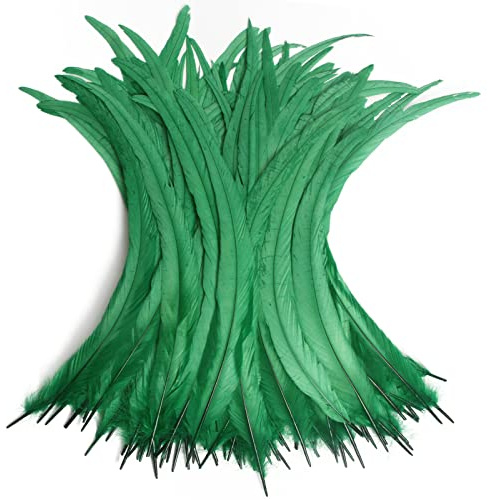 THARAHT 50PCS Rooster Coque Tail Feathers Bulk Natural 12-14Inch 30-35cm for Crafting Wedding Fly Tying Feather Party Performances DIY Decoration Rooster Tail Feather,Green