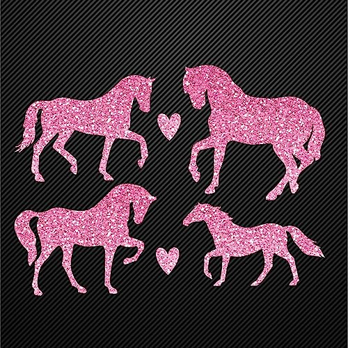 Glitzerdeals Bügelbilder Glitzer Pferde 4er Set mit Herzen flamingo Aufbügler für Textilien Karneval Kostüm Pferd Bügelflicken Pferde Fasching Patch zum Aufbügeln Pferd