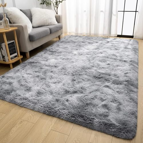 Tinyboy-hbq Tapis Chambre Modernes Moquette Chambre Soft Tapis à Poils Longs Shaggy Antidérapant Intérieur Moelleux épais (Gris Blanc, 120 x 160 cm)