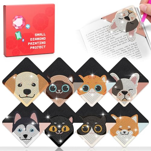 CharySim 8 Pcs Diamond Painting Lesezeichen Katzen und Hunde DIY Bookmark Mädchen Basteln Erwachsene Geschenke für Frauen 8-10 Jahre Kinder Bookmark Erwachsene Un Kinder Personalisierte Lesezeichen