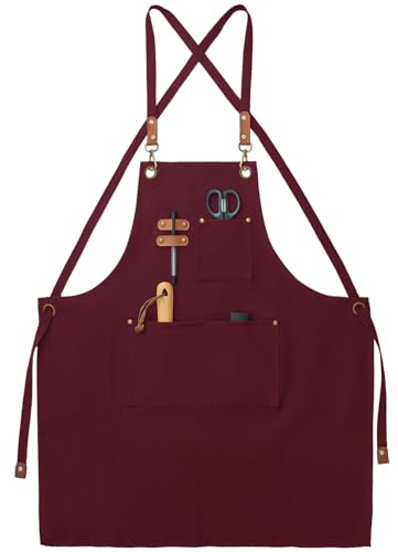 Rosso Grembiuli in Tela, Lavoro Grembiuli per Uomini e Donne, Regolabile Grembiule da Cuoco con 3 Tasche, Grembiule per Servire Cucina, Cottura, Pittura, Artista, Croce Posteriore