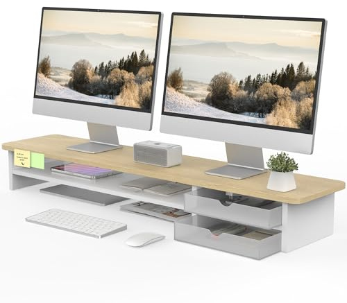 Fenge Monitor Stand, Dual Monitor Riser, 42.5inch Large Desk Computer Monitor Stand Riser with Drawer, 2 Tier Wood & Acrylic Desktop Organizer for Computer, Laptop, Printer, TV Screen Riser