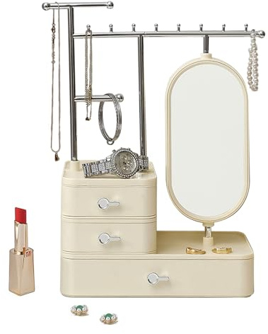 Jauhmui Présentoir à bijoux avec tiroir, porte-bijoux, porte-bijoux avec miroir, organisateur de bijoux, arbre à bijoux, support de montre, porte-boucles d'oreilles, rangement de bijoux pour colliers