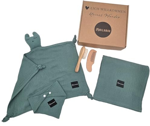 MILAMOR 100% Bio-Baumwolle GOTS 5-Teilig Baby Geschenk zur Geburt für Neugeborene, Neugeborene Geschenkset für Junge und Mädchen, Geschenkset Baby, Baby Neugeborene Decke, Kuscheltuch SCHMUSE-HASE