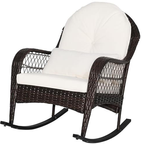 MEDIMALL Outdoor Wicker Rocking Chair, Patio Rattan Rocker w/Lumbar Pillow, Padded Seat & Back Cushions, Metal Frame, Mix Brown Wicker Furniture for Balcony, Porch, Deck, Backyard (Off White)
