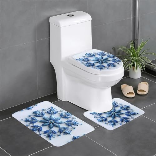 Bedeuu Badezimmerteppich-Set mit weihnachtlichem Schneeflocken-Druck, 3-teilig, Badezimmermatten-Sets mit U-förmigem WC-Vorleger