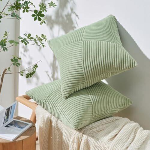 Topfinel Kissenbezug 60x60 Grün Kordsamt 2er Set Windmühle Streifen Muster GroßeKissenbezüge Kissenhülle Dekokissen Sofakissen Patchwork Design Deko Wohnzimmer Bett Schlafzimmer Sofa