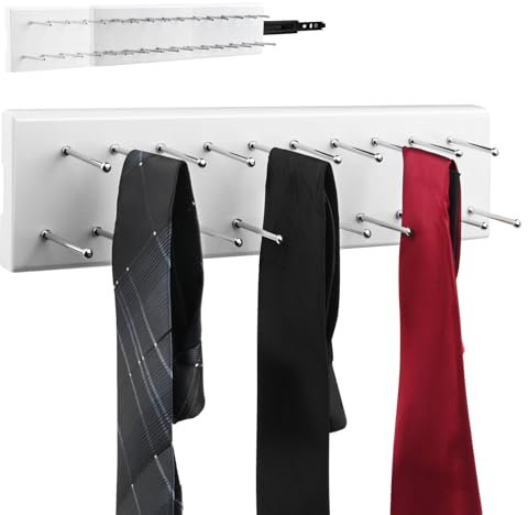 Wood Pull Out Belt Rack for Closet, 21 Tie Hanger Extending Sliding Tie Rack Hanger, Side Mount Sliding Rail Organizer Storage Rack Holder with 21 Hooks for Ties Scarves Belts Shawls, White