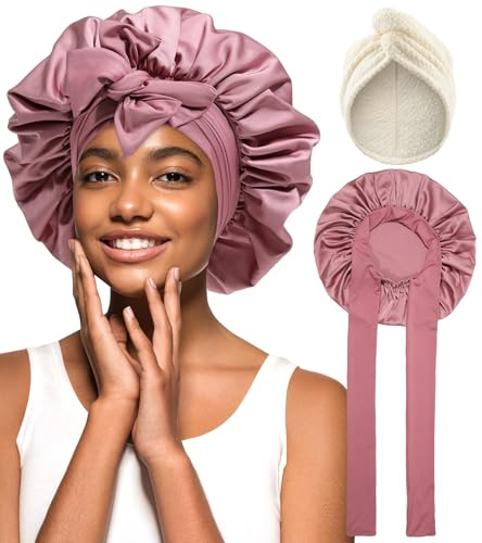 Coubeau haarhaube für die nacht schlafhaube seide turban handtuch mit knopf mikrofaser handtuch haare Kombination aus Trockenhaarkappe und satin schlafhaube