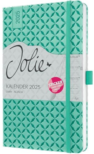 Wochenkalender Jolie A5 2025 mint green - SIGEL - 1 Woche auf 2 Seiten - Terminplaner mit geprägtem Kunstleder-Cover, Gummiband, Stiftschlaufe, Einstecktasche und Stickerbogen - 13,5 cm x 20,3 cm