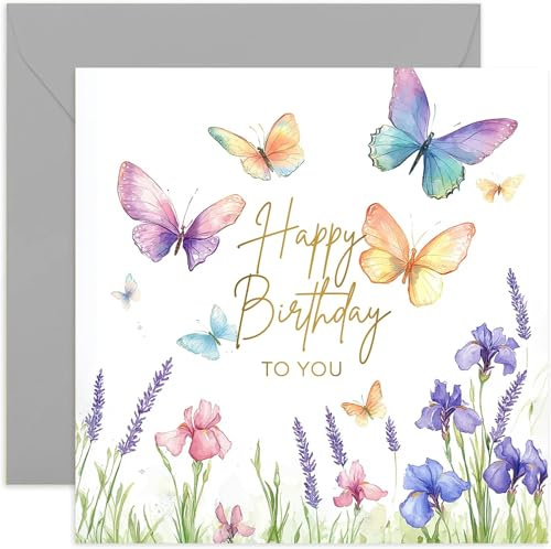 Simpatici biglietti di compleanno per lei, biglietti di auguri di compleanno per bambini o adulti, con farfalle acquerellabili nel prato fiorito, buon compleanno a te, bellissimi biglietti regalo per