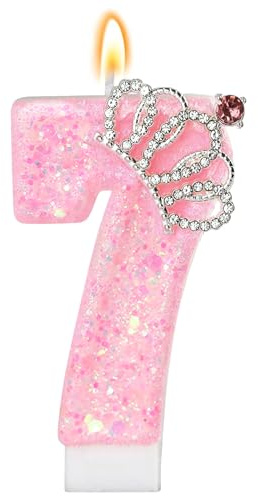 LunarCharm Candele di Compleanno Rosa – Candela con Numeri Luccicanti per 7° Festa di Compleanno con Corona, Numero 7, per Torte, Cupcake, Decorazioni per Feste, anniversari