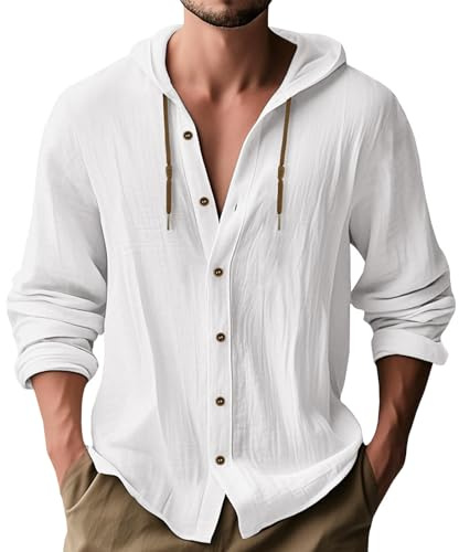 MakingDa Hooded Shirt Men Thin Long Sleeve Hoodie Summer Lightweight Linen Button Down Beach Tops