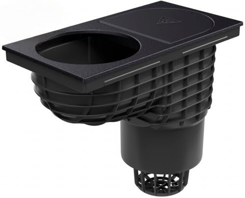 SaniVia Siphon de Toit inférieur D160 | Résistant à la Chaleur 90 °C | Surface PP et Fonte | avec clapet Anti-Retour et paroi de Protection | Charge maximale : 1 500 kg | 380 mm x 200 mm (Noir)