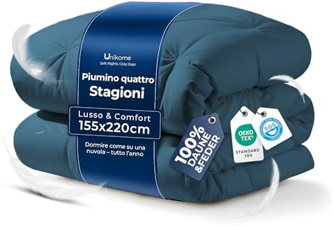UNIKOME Edredón de Plumas y Plumón Cama 105/120, 100% Algodón, Relleno Nórdico Plumón para 4 Estaciones, Diseño con Pliegue Pinzado, Certificado Oeko-Tex (Marina, 155x220cm)