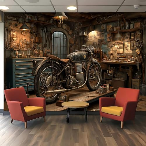 Papier peint 3D d'atelier de moto - Décoration de garage industriel pour salon, chambre à coucher, mur - Art à décoller et à coller soi-même pour café, hôtel, espace commercial (L 350 cm x l 256 cm)